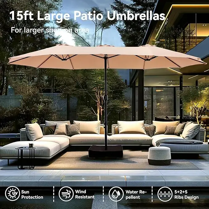 Large Outdoor Patio Umbrella 15ft with Weighted Base for Garden, Poolside, and Beach