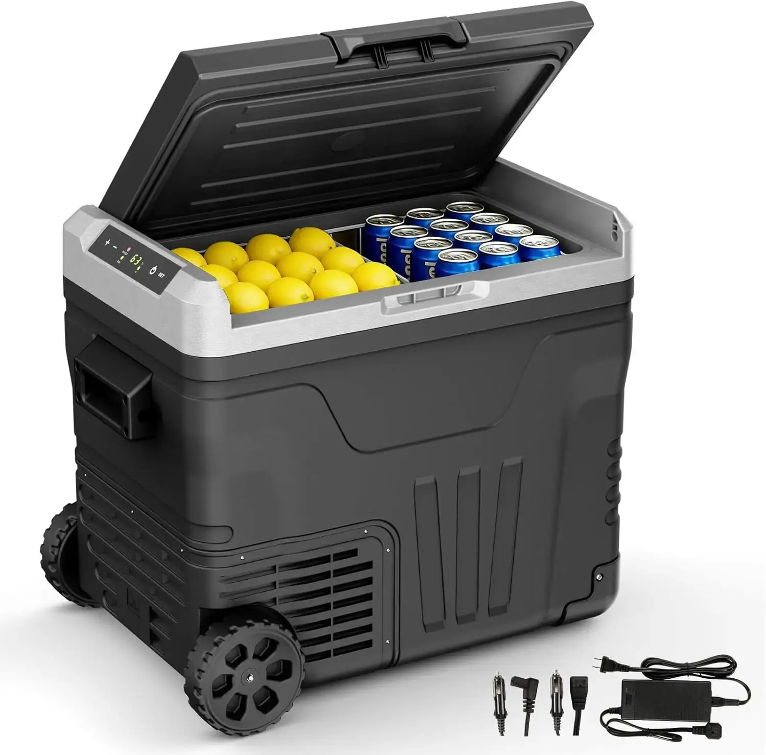 12V Refrigerator (24/37/53Quart /23L/35L/50L) supports 12V/24V DC & 110-240V AC. Portable with -4°F~68°F range, it features wheels, 2 baskets, and large cooling zone. Ideal for RVs, travel, Truck, Boat