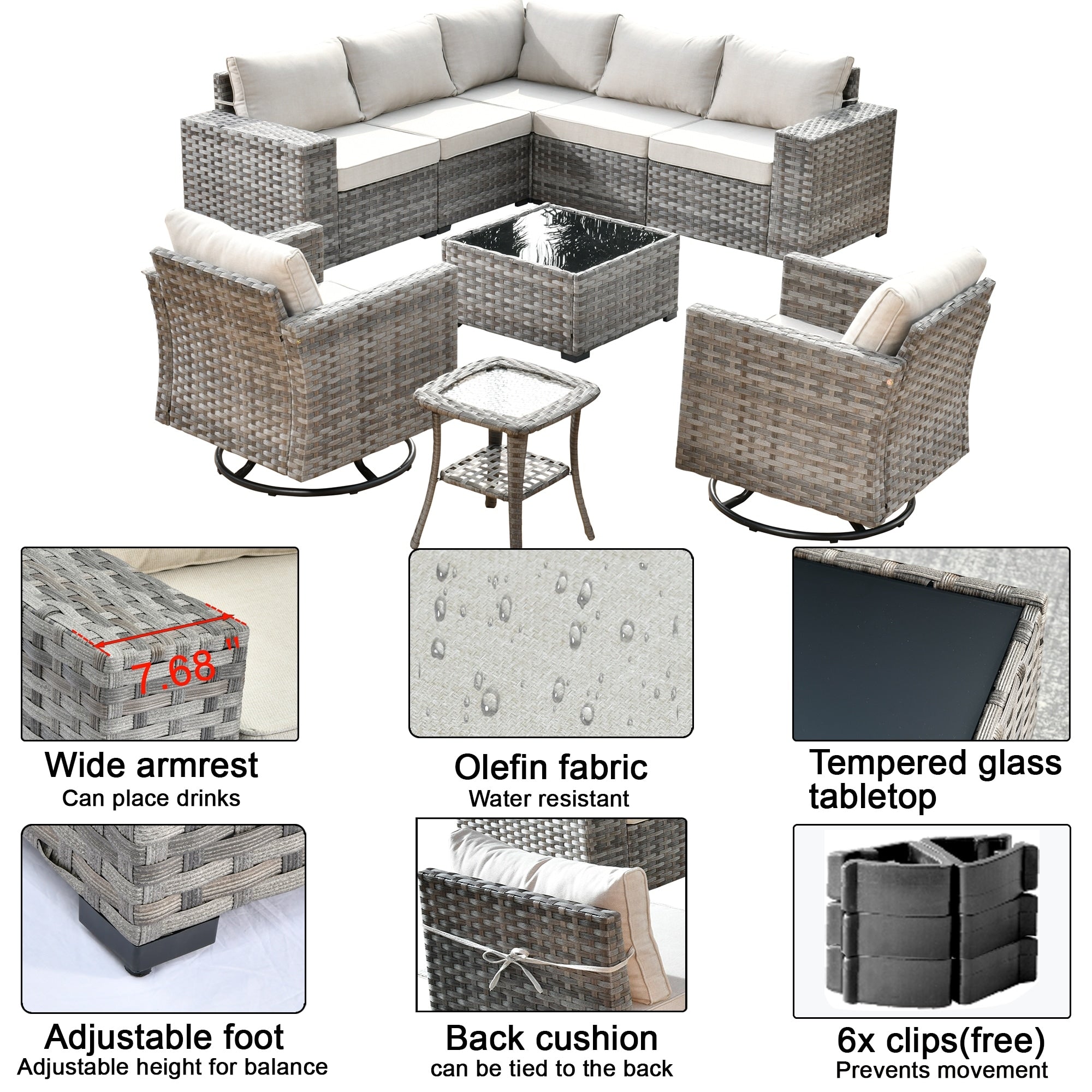 OVIOS 9-piece Patio Wicker Swivel Rocking Chair Set with Glass-Top Tables