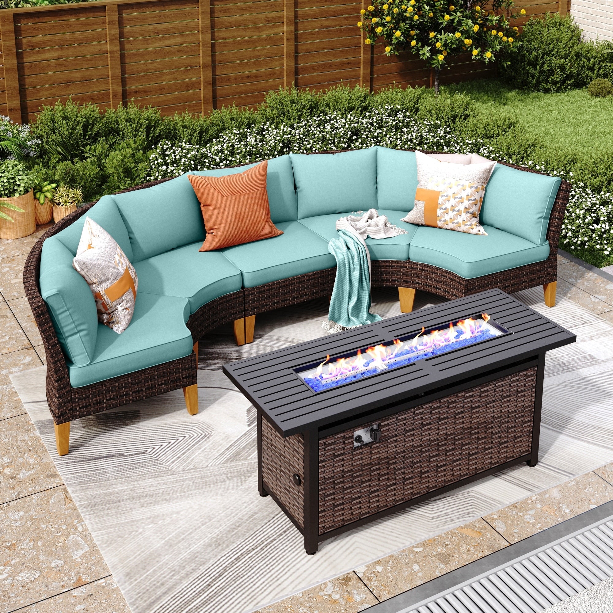 6-11 Piece Patio Outdoor Wicker Sectional Sofa Half-Moon Furniture Set Large Seating Conversation Sets with Fire Pit Table