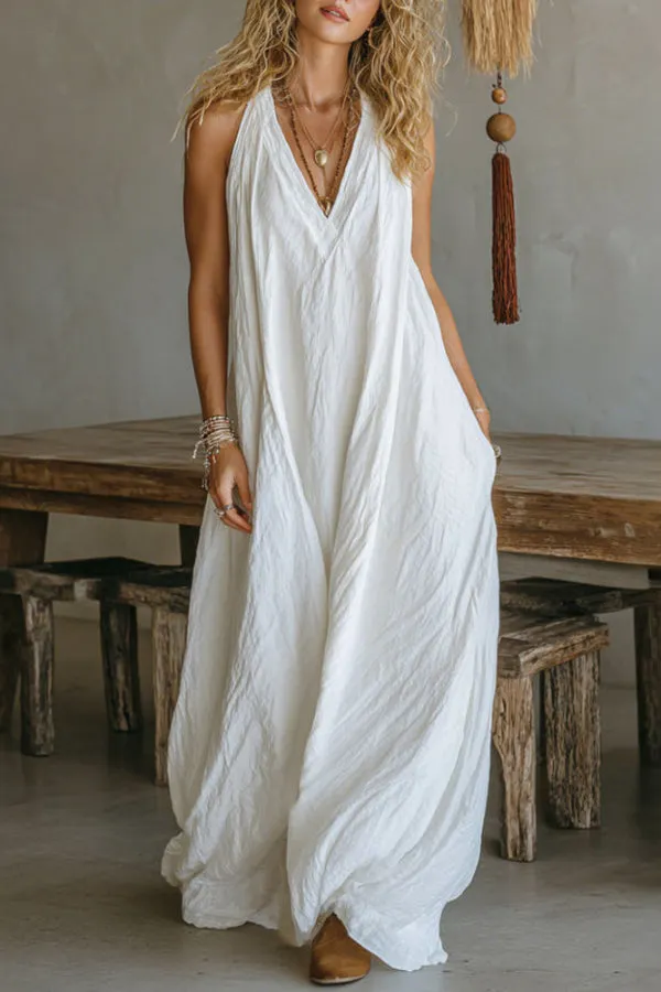 Linen Blend Solid Color Loose V-neck Sleeveless Pocket Casual Maxi Dress