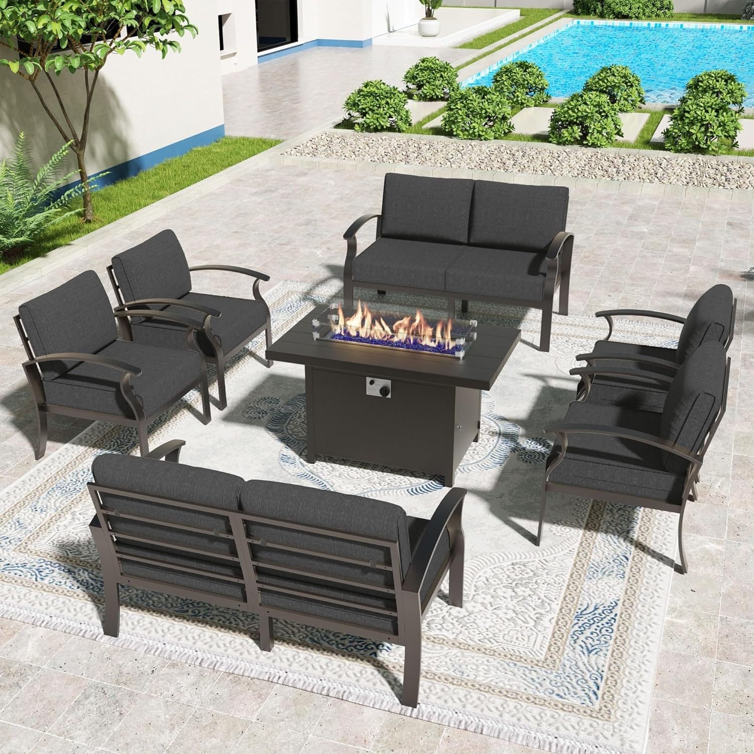 Kullavik Aluminum Outdoor Patio Furniture with Curved Armrests & Firepit Table