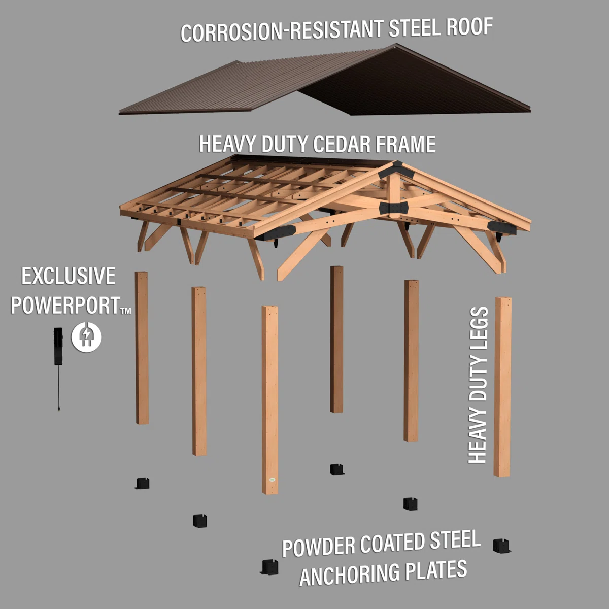 Norwood 20' x 12' Cedar Wood Outdoor Patio Gazebo with Hardtop Galvanized Steel Peak Roof and PowerPort
