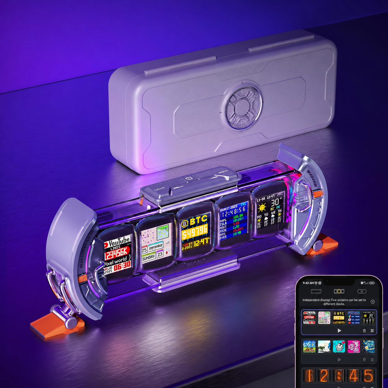 🔥 Cyberpunk 5-Screen Pixel Desk Clock – Smart WiFi RGB Display with Personalized Dashboard, Pixel Art & Live Data for Gaming Room, Office & Desk Setup 🎮✨