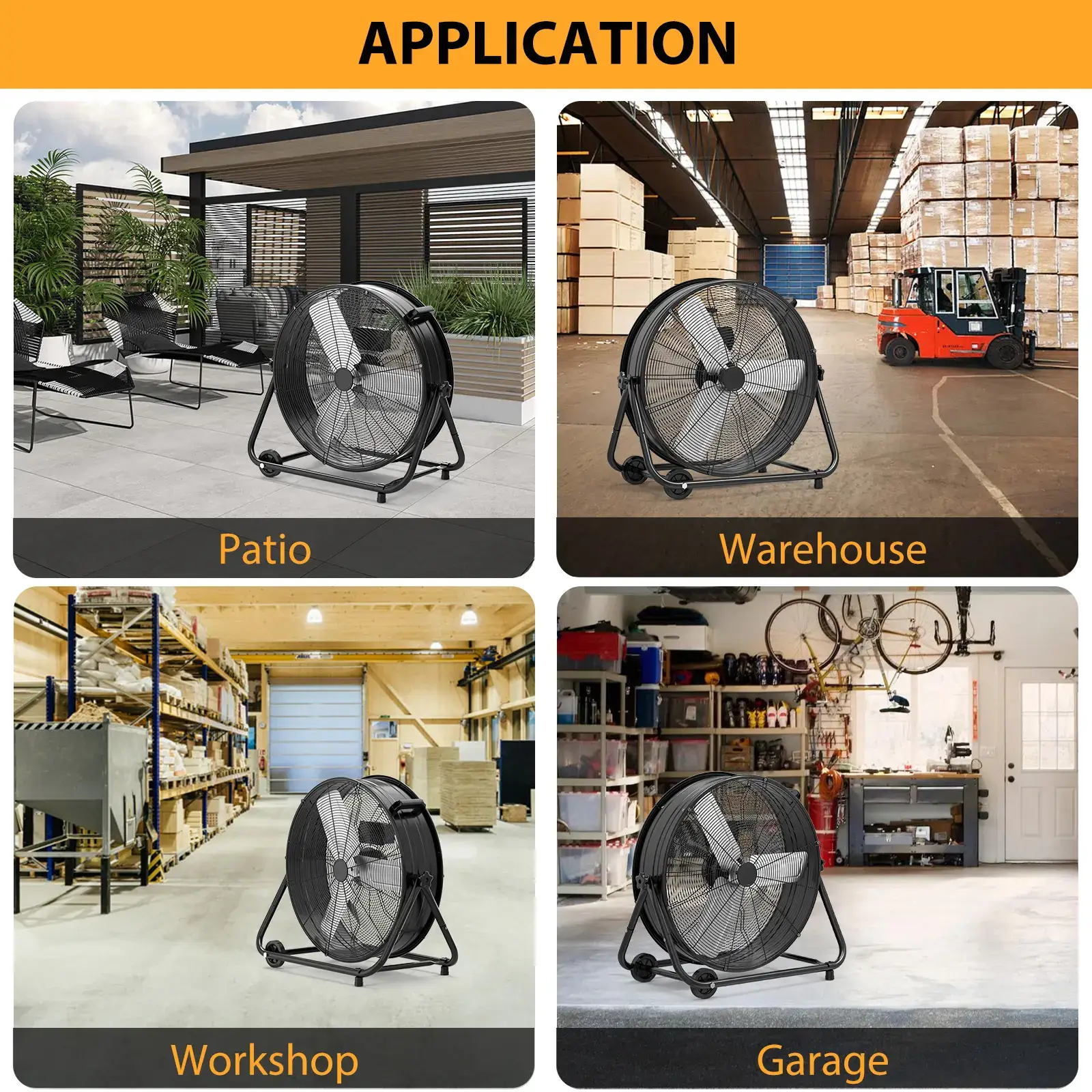 24 Inch High Speed Industrial Drum Floor Fan, heavy-duty full metal construction with 3 speeds and 360° tilt design. Built with portable handle and rolling casters for easy movement, powerful air circulation fan perfect for warehouse, garage