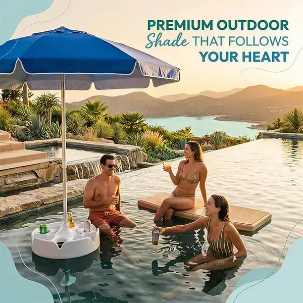 Portable Floating Pool Bar Table with Sun Umbrella, Built-in Cup Holders & Phone Stand, Stable Base with Carry Bag for Pool, Lake, Beach Summer Parties