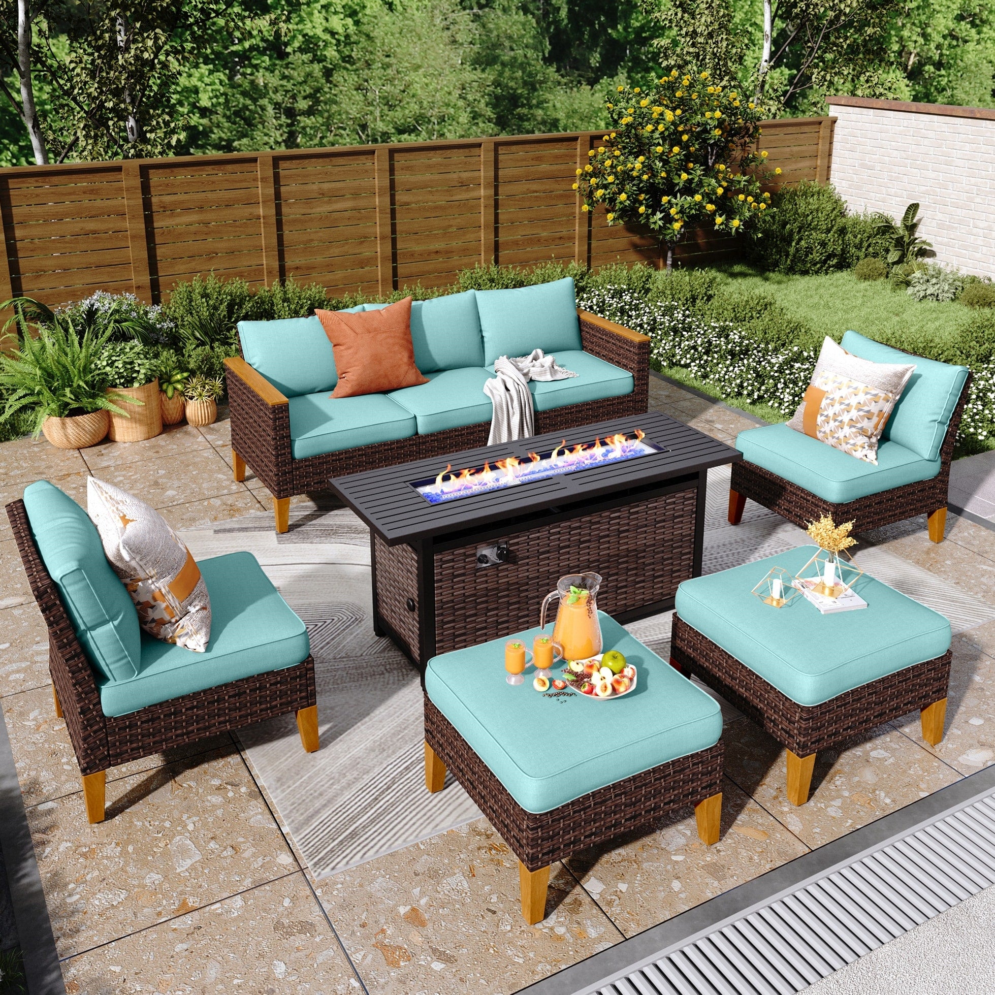 8-Piece Patio Outdoor Wicker Sectional Sofa Set, Large Seating Furniture Conversation Sets with Fire Pit Table
