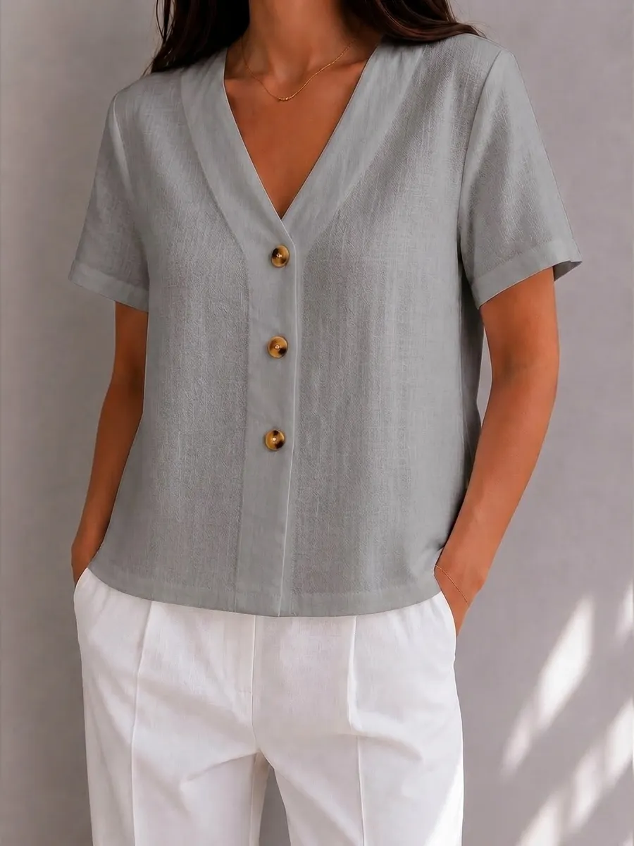 Button Detail V-Neck Linen Blend Blouse
