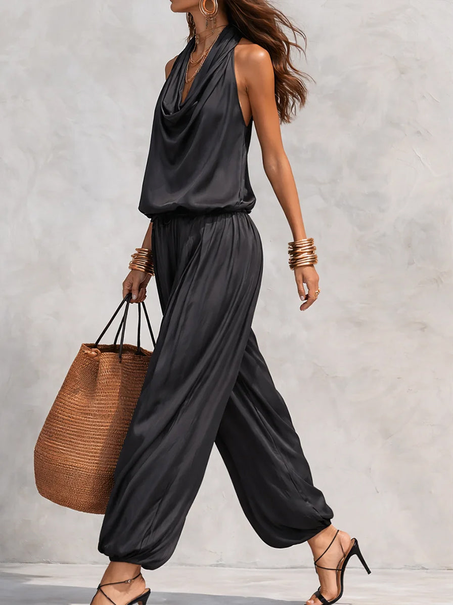 Open-Back Draped Halter Top & Relaxed Wide Leg Pants Set