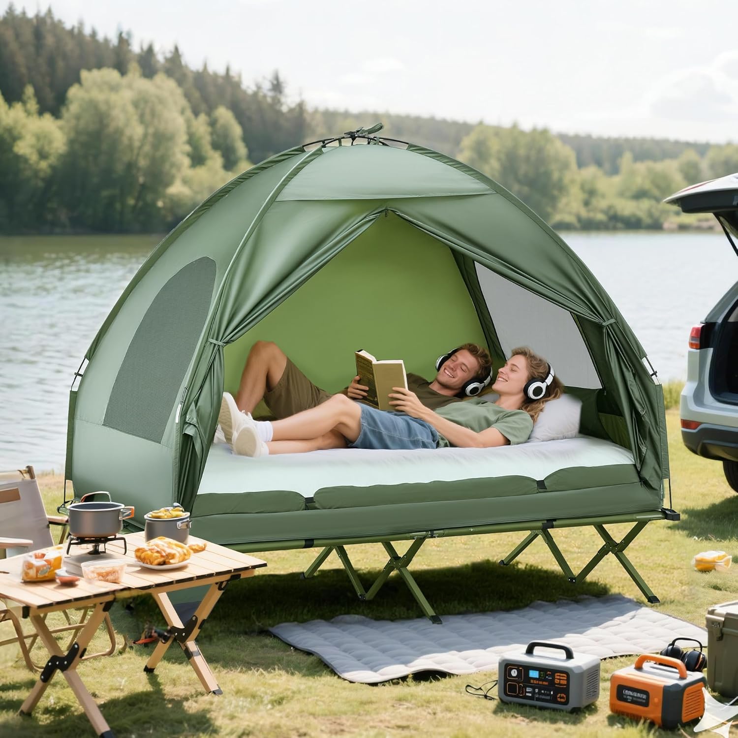 💥Last Chance Sale💥1/2 Person Foldable Camping Cot with Tent, Bedspread, Thick Air Mattress, 4-In-1 Elevated Camping Bed for Outdoor Hiking, Picnic, Travel