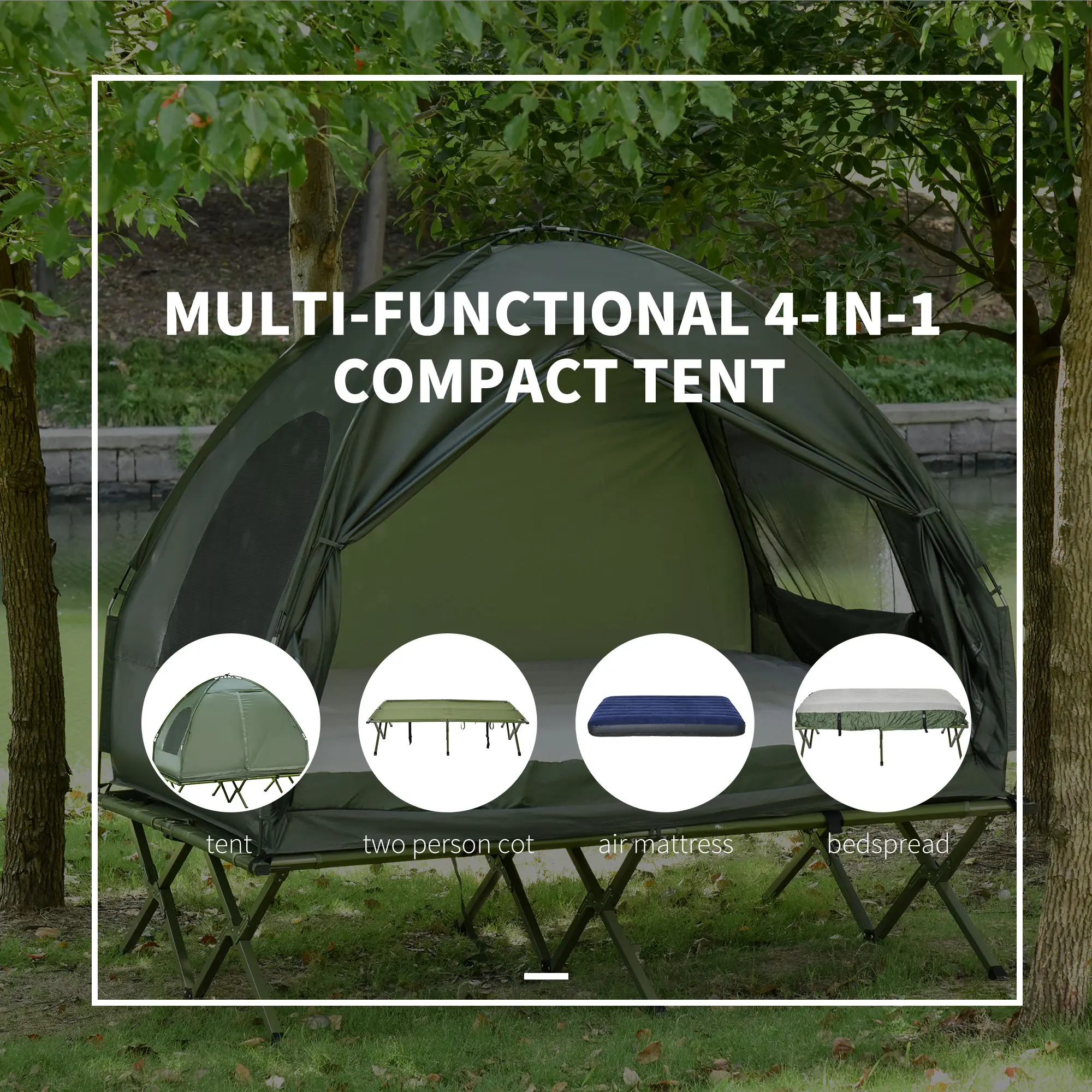 💥Last Chance Sale💥1/2 Person Foldable Camping Cot with Tent, Bedspread, Thick Air Mattress, 4-In-1 Elevated Camping Bed for Outdoor Hiking, Picnic, Travel