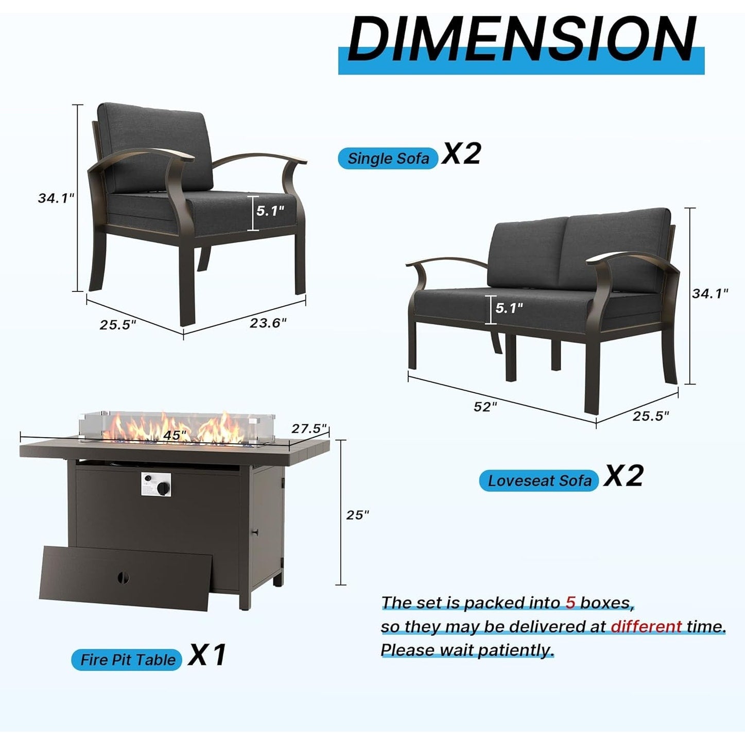 Kullavik Aluminum Outdoor Patio Furniture with Curved Armrests & Firepit Table
