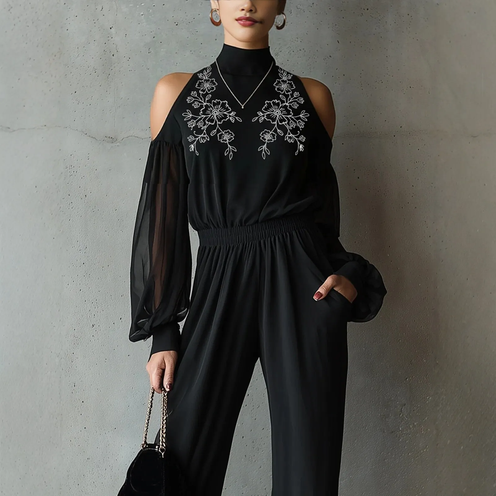 Black Embroidered Women'S Long-Sleeved Jumpsuit