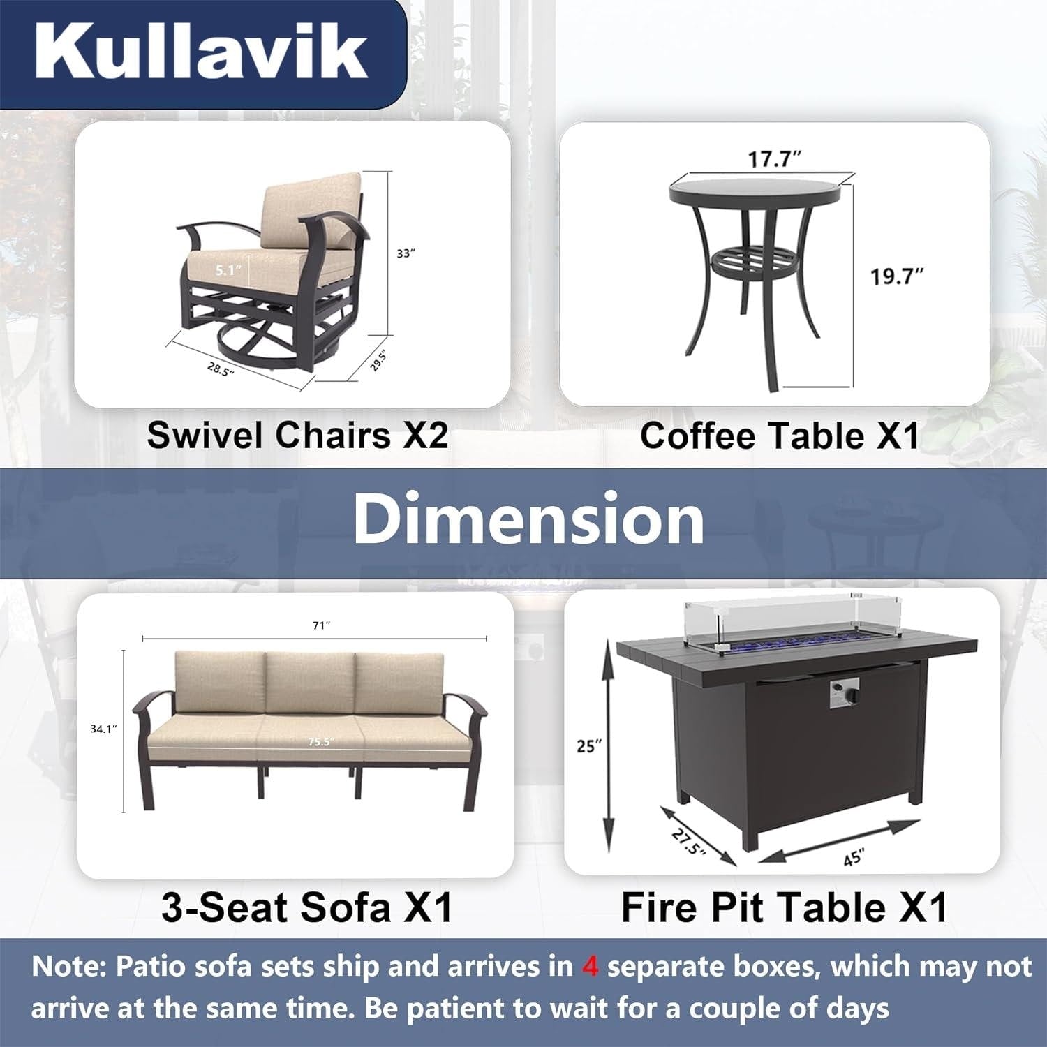 Kullavik Aluminum Outdoor Patio Furniture with Curved Armrests & Firepit Table
