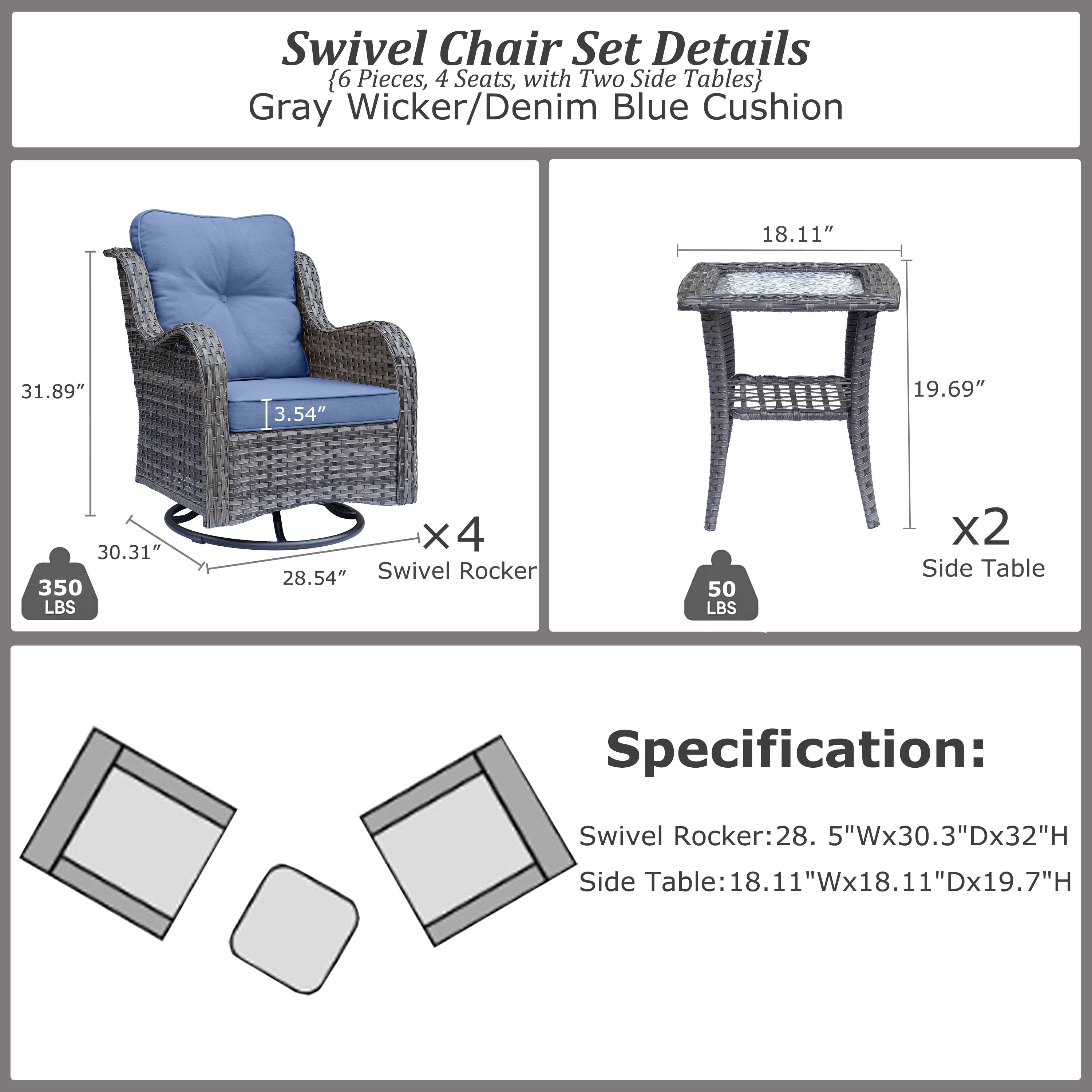 Outdoor Patio Furniture Set-Wicker Patio Conversation Swivel Chair Set
