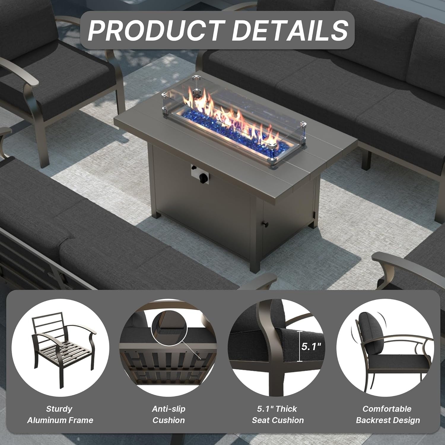 Kullavik Aluminum Outdoor Patio Furniture with Curved Armrests & Firepit Table
