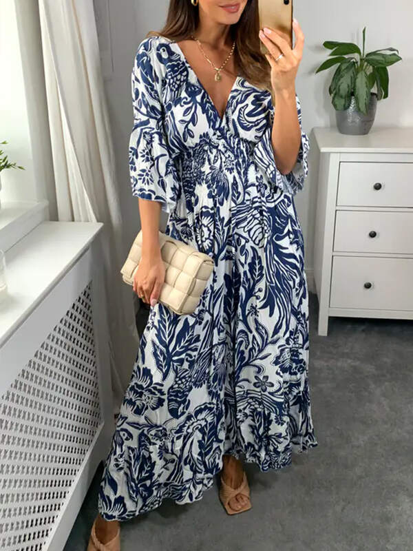 NEW🔥 V Neck Elastic Waist Printed Dress