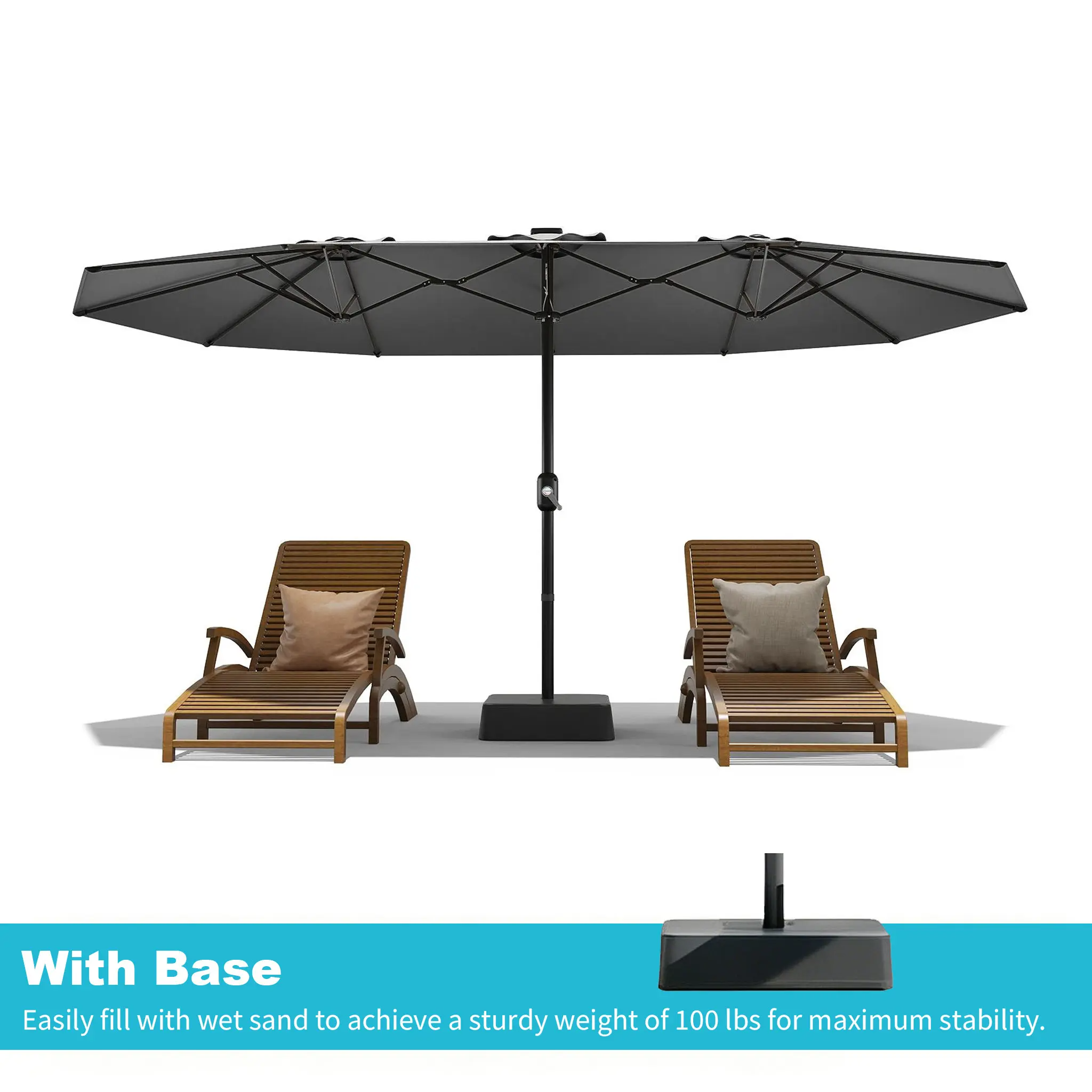 15ft Large Outdoor Patio Umbrella with Base – LED Light Option, Double-Sided, Crank Handle, Waterproof, Comes with Weighted Base and Sandbag, Accommodates 10 People