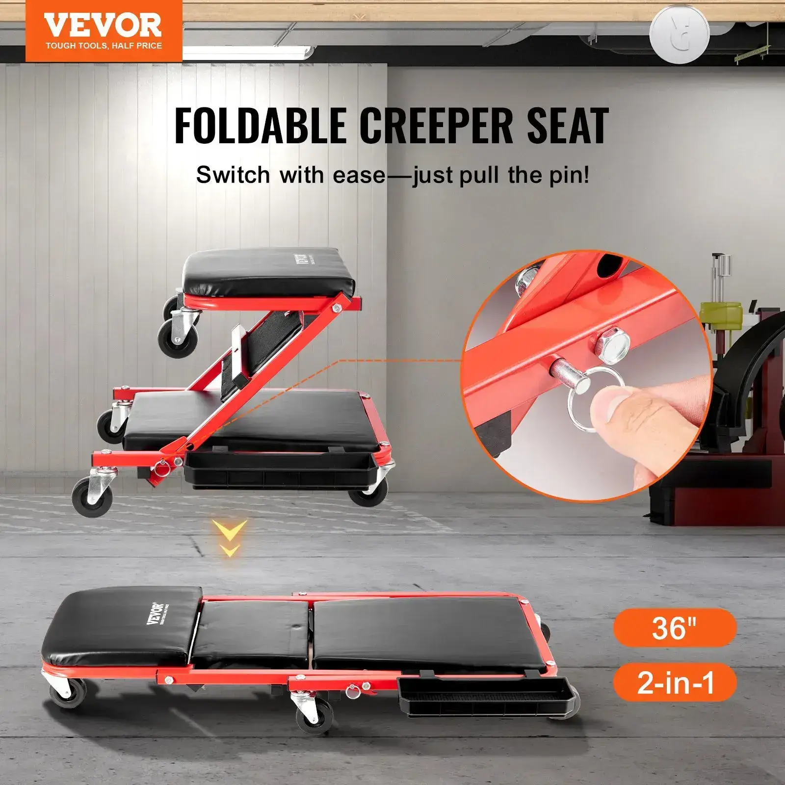 Foldable Z Garage Creeper - 36 in Auto Repair Mechanic Tool300 lbs Load Capacity6 WheelsPadded SeatSteel FrameTool TrayLay Down/Sit Chair for Vehicle Garage ShopDad Gifts for Mechanics, Auto Repair Tools, Tools And Gadgets