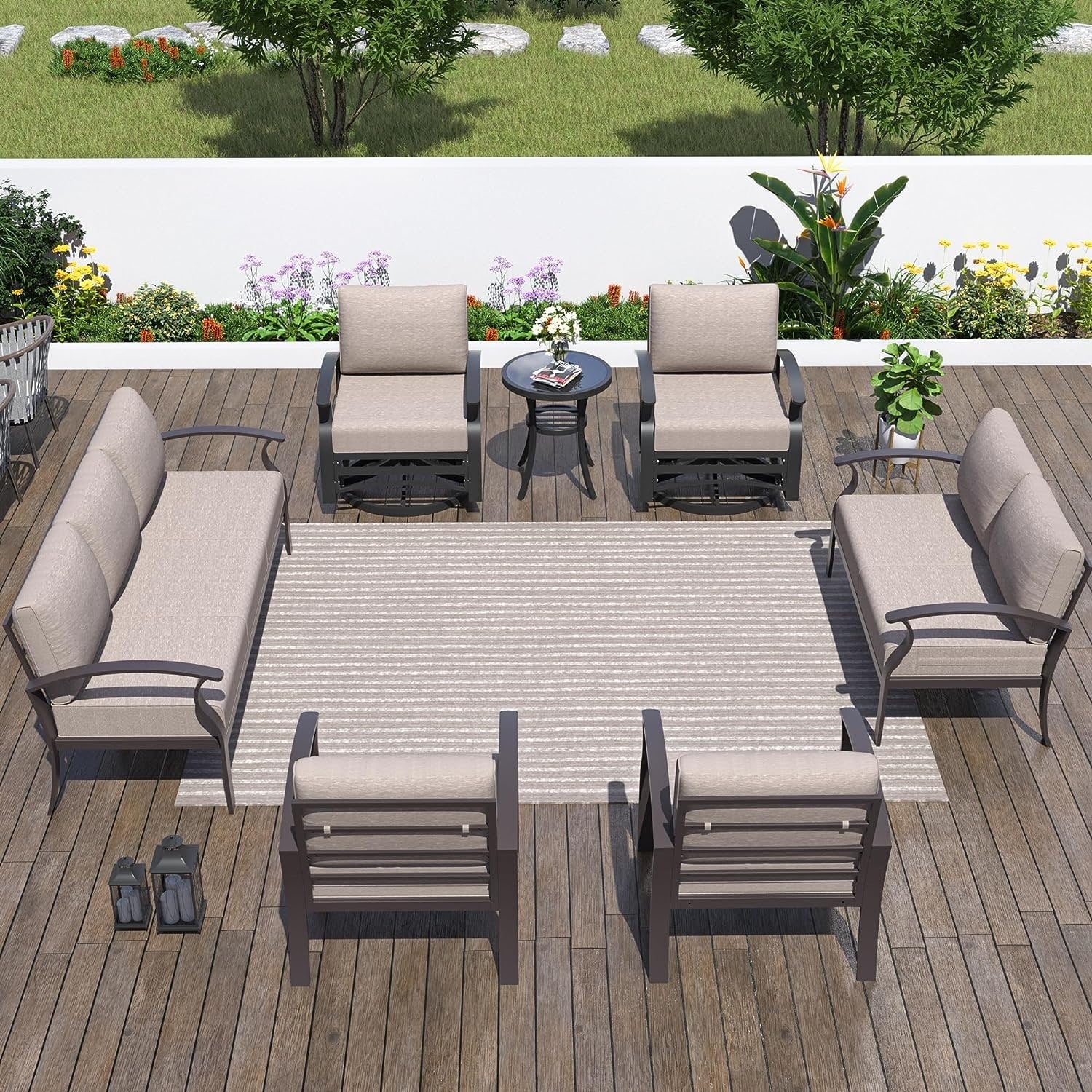 Kullavik Aluminum Outdoor Patio Furniture with Curved Armrests & Firepit Table