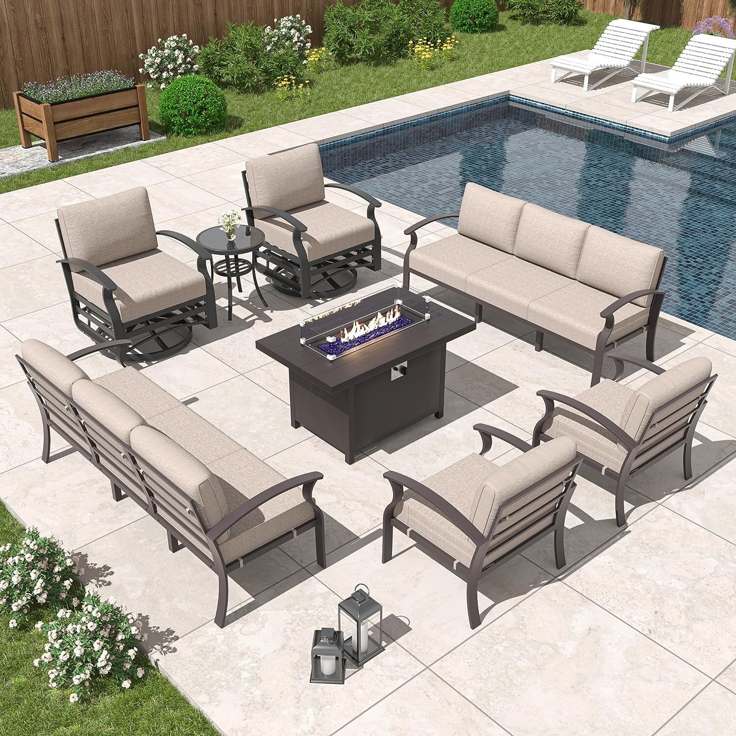 Kullavik Aluminum Outdoor Patio Furniture with Curved Armrests & Firepit Table