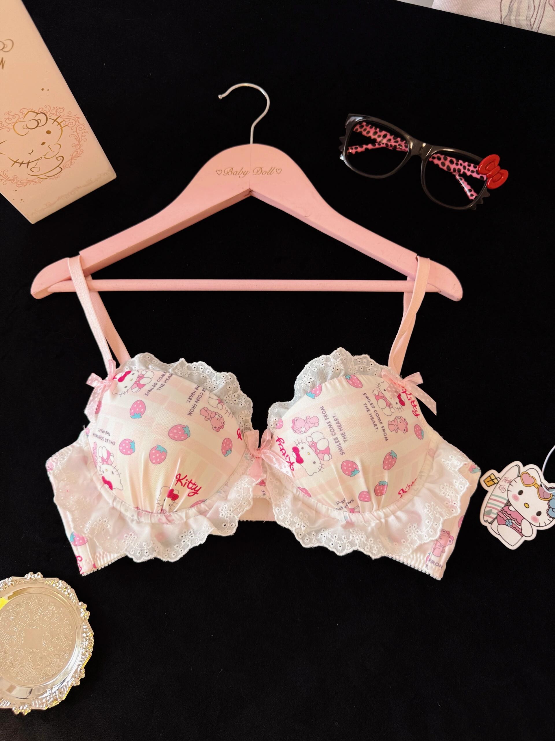 Strawberry Hellokitty Lace Trim Cotton Underwire Cute Push Up Strappy Lingerie Set Panty Bra
