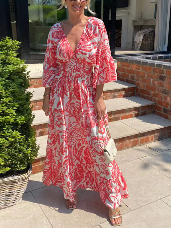 NEW🔥 V Neck Elastic Waist Printed Dress