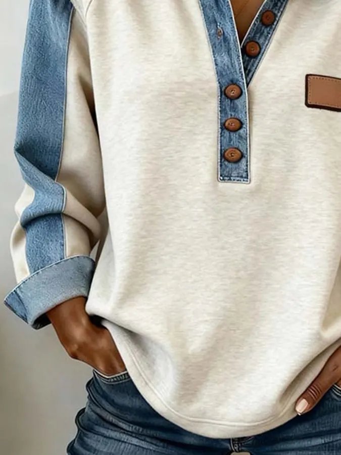 Groovy Button Front Denim Long Sleeve Top