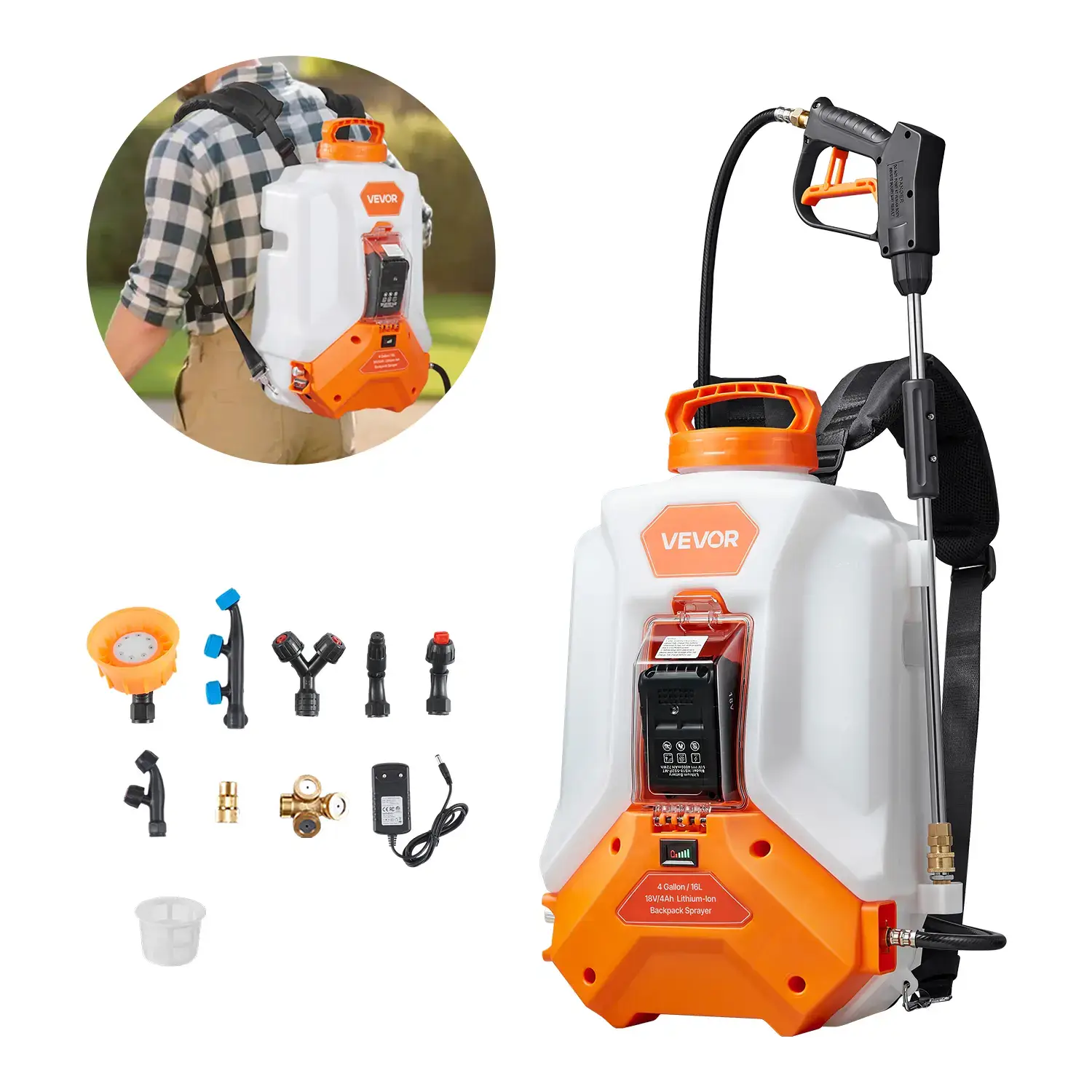 Battery Powered Backpack Sprayer,  4 Gallons Electric Backpack Sprayer, 2 Wands & 8 Nozzles, Adjustable 0-90 PSI, 4H Runtime, Portable Yard Garden Lawn Sprayers for Weeding Spraying Cleaning