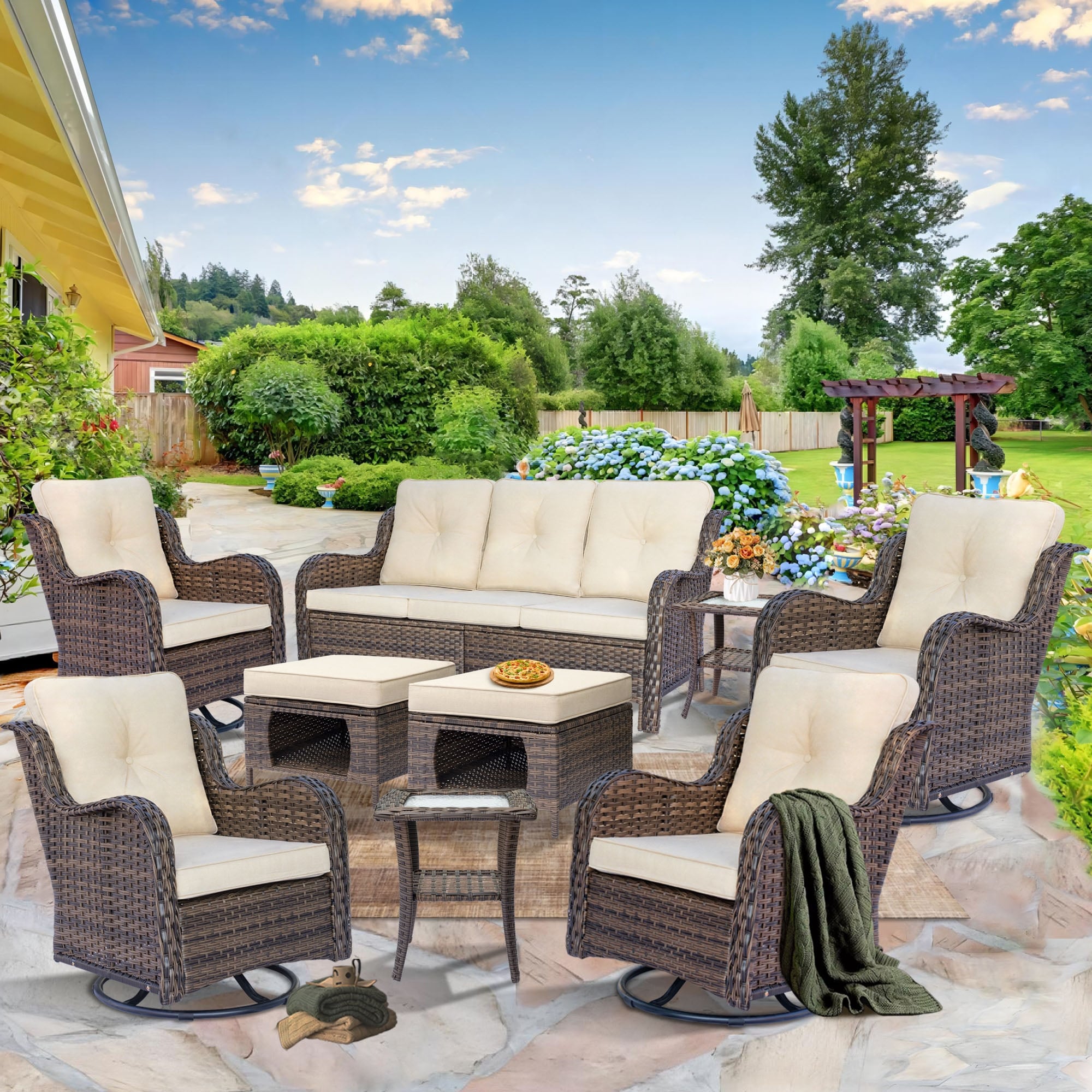 Outdoor Patio Furniture Set-Wicker Patio Conversation Swivel Chair Set