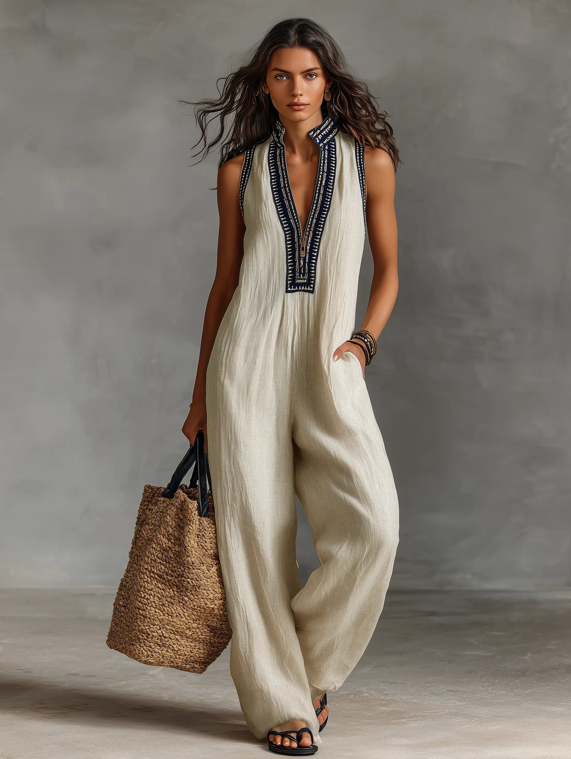 Women's Minimalist Linen Blend Sleeveless Jumpsuit