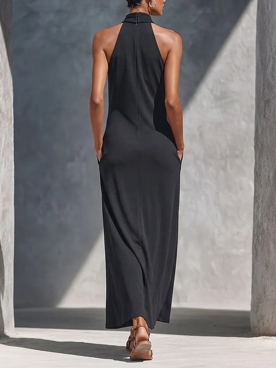 Women's Solid-color Cowl-neck Sleeveless Casual Loose-fit Cotton Dress