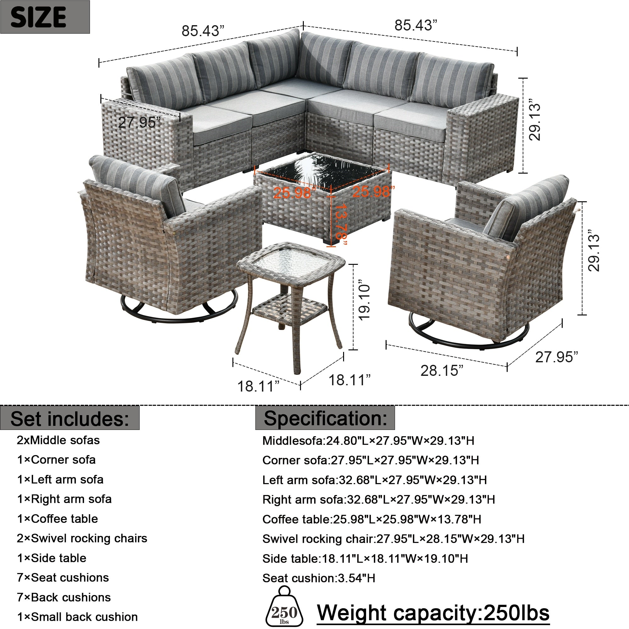 OVIOS 9-piece Patio Wicker Swivel Rocking Chair Set with Glass-Top Tables