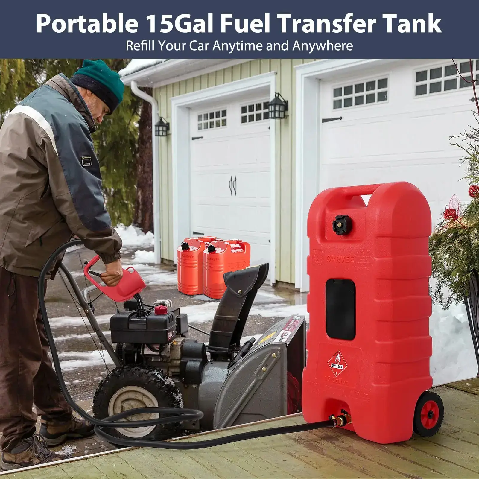 15 Gallon Portable Fuel Caddy with LE Pump & 10ft Hose for Gasoline Diesel Storage on Wheels for Cars Lawn Mowers ATVs Boats Red Yellow Gray Options - Convenience