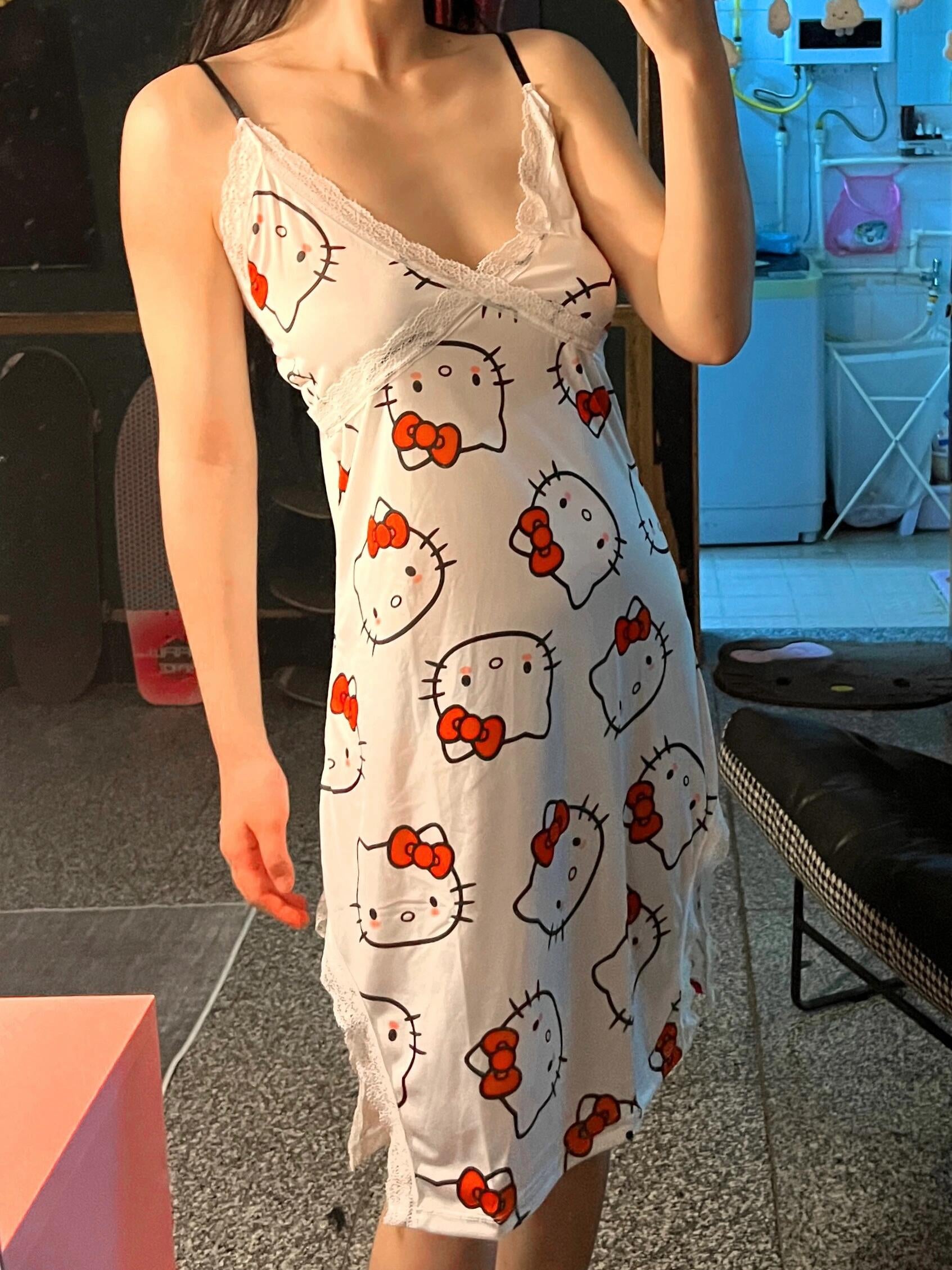 Hellokitty Night Gown V-Neck Full Slip Lingerie Sexy Nightgowns