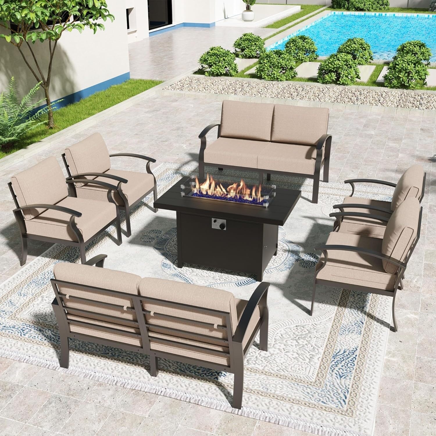 Kullavik Aluminum Outdoor Patio Furniture with Curved Armrests & Firepit Table