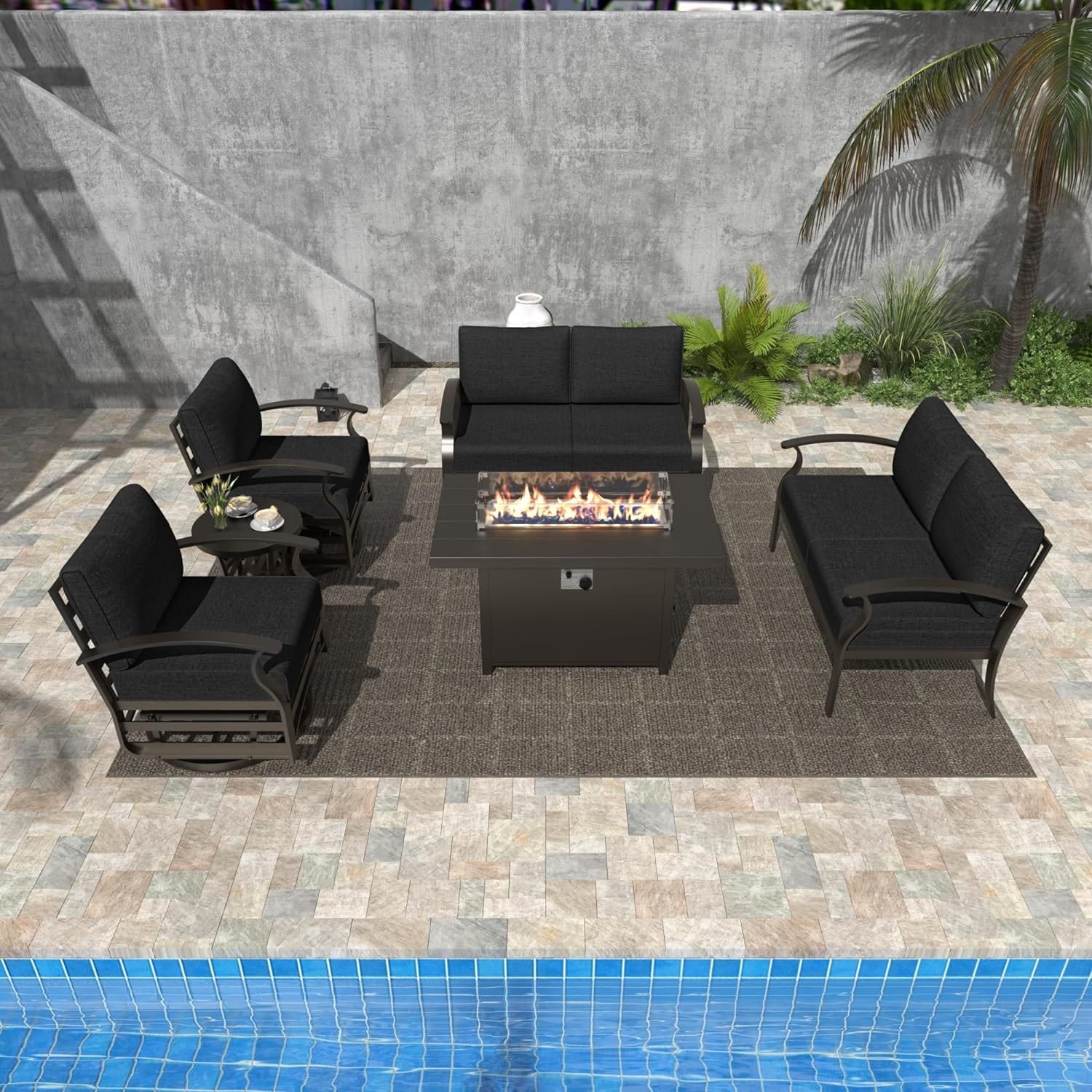 Kullavik Aluminum Outdoor Patio Furniture with Curved Armrests & Firepit Table