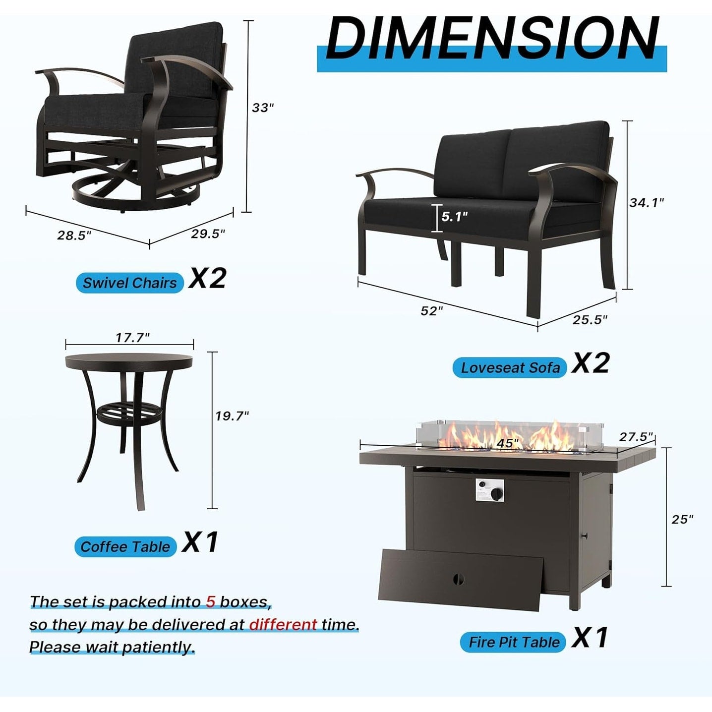 Kullavik Aluminum Outdoor Patio Furniture with Curved Armrests & Firepit Table