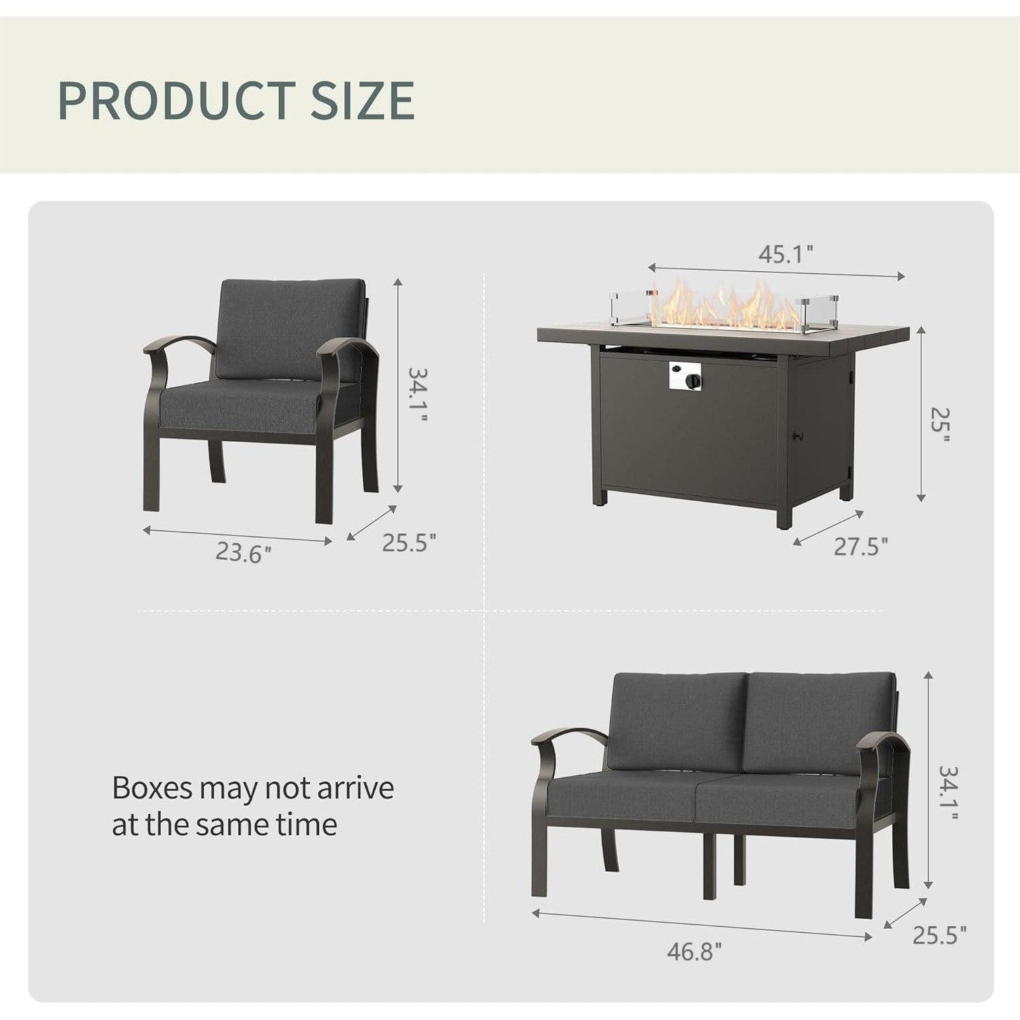 Kullavik Aluminum Outdoor Patio Furniture with Curved Armrests & Firepit Table
