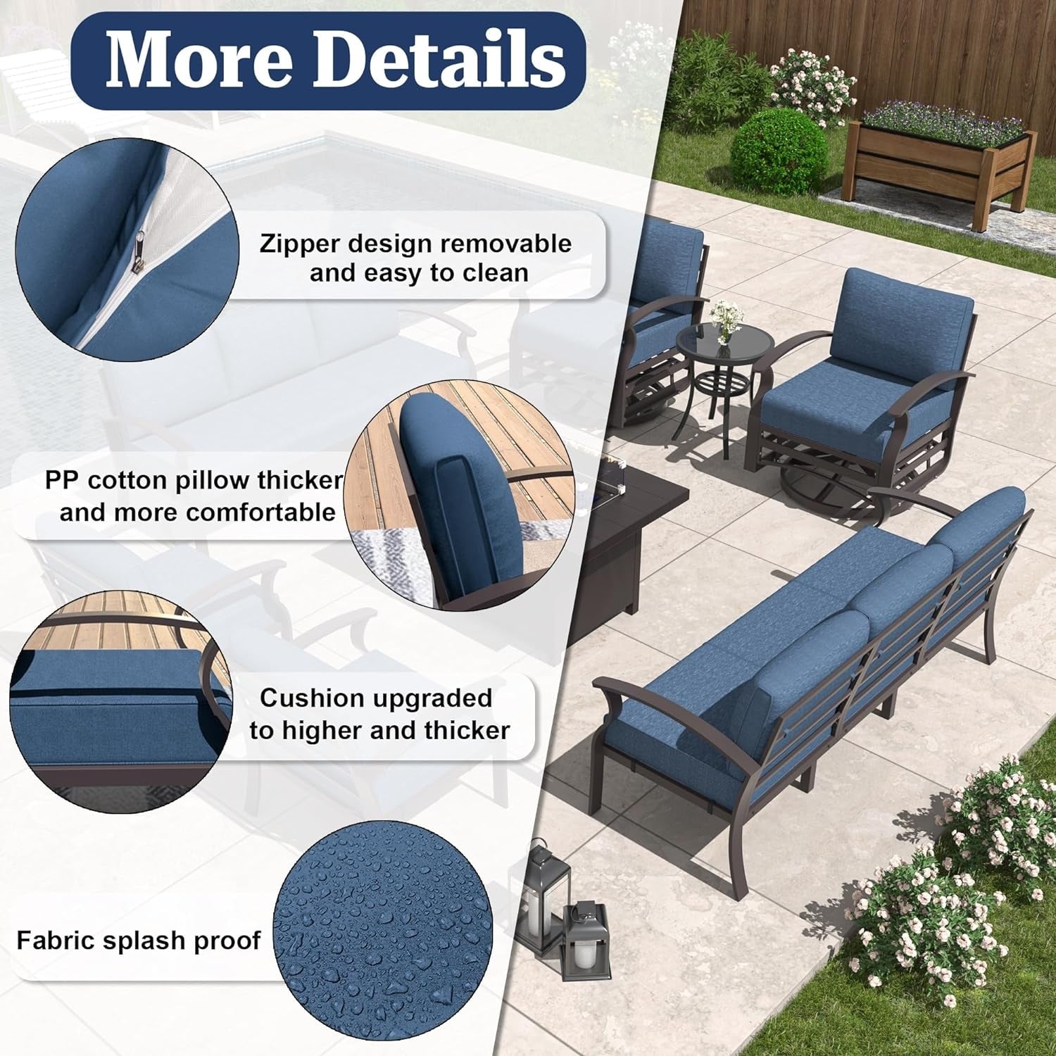 Kullavik Aluminum Outdoor Patio Furniture with Curved Armrests & Firepit Table