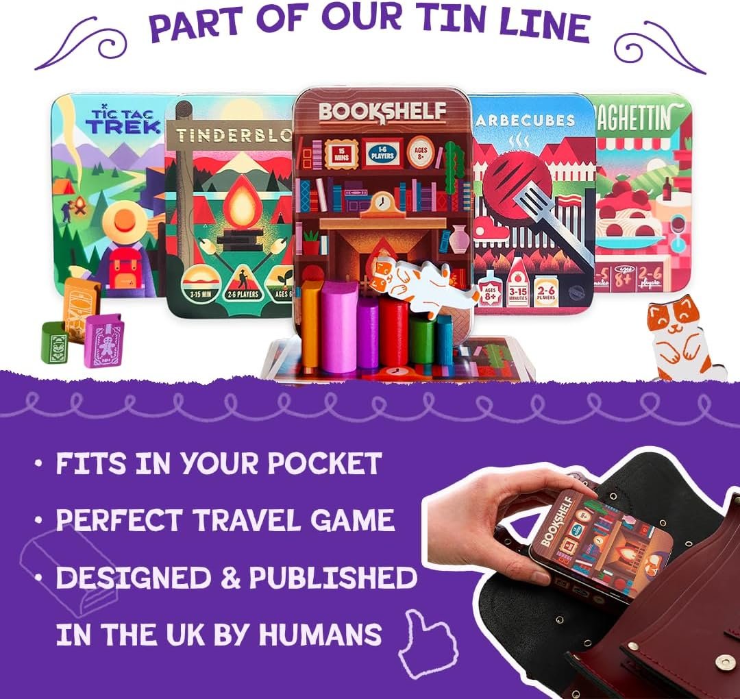 Bookshelf Cooperative Stacking Game | Skill & Balance Card and Book Tower Game in Travel Tin