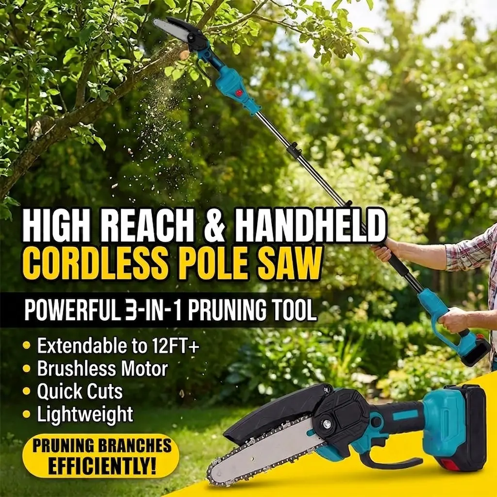 🔥 Limited-Time Deal — 3-in-1 Cordless Pole Saw & Mini Chainsaw Kit with 8-Ft Reach & 2 Batteries 🌳⚡