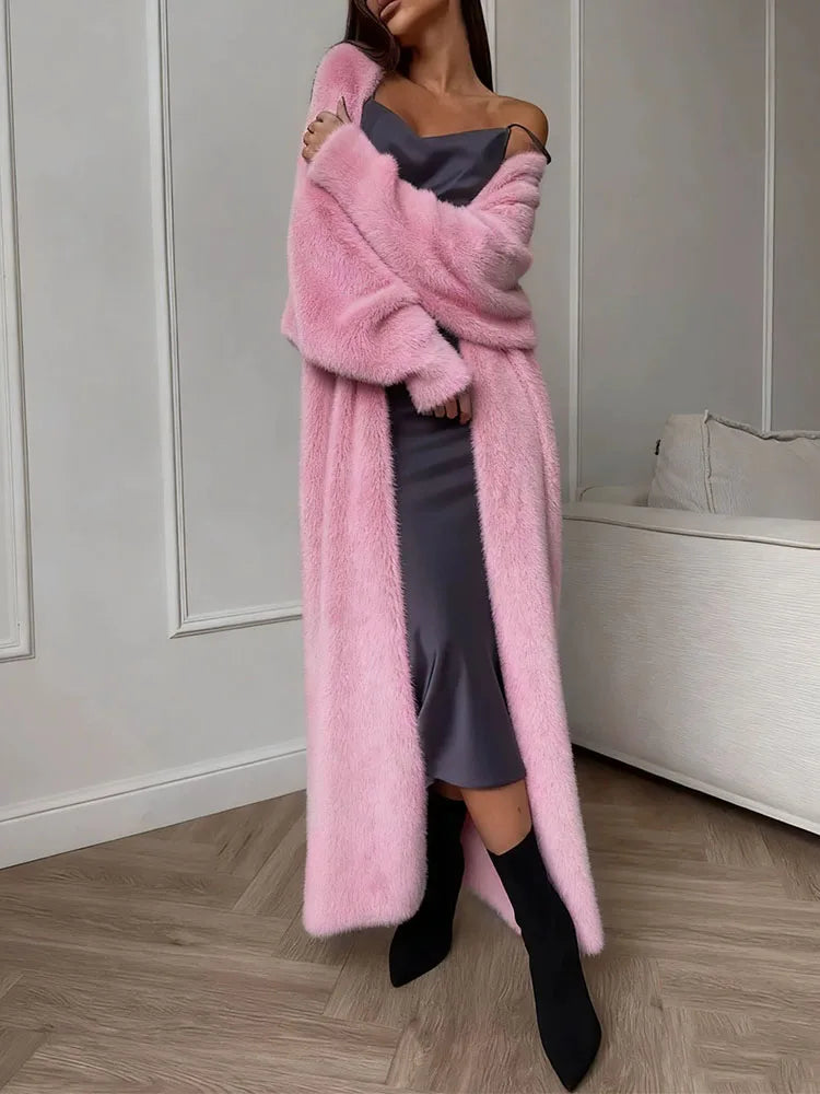 Plush fluffy autumn and winter loose coat women's long cardigan imitation mink white knitted cardigan