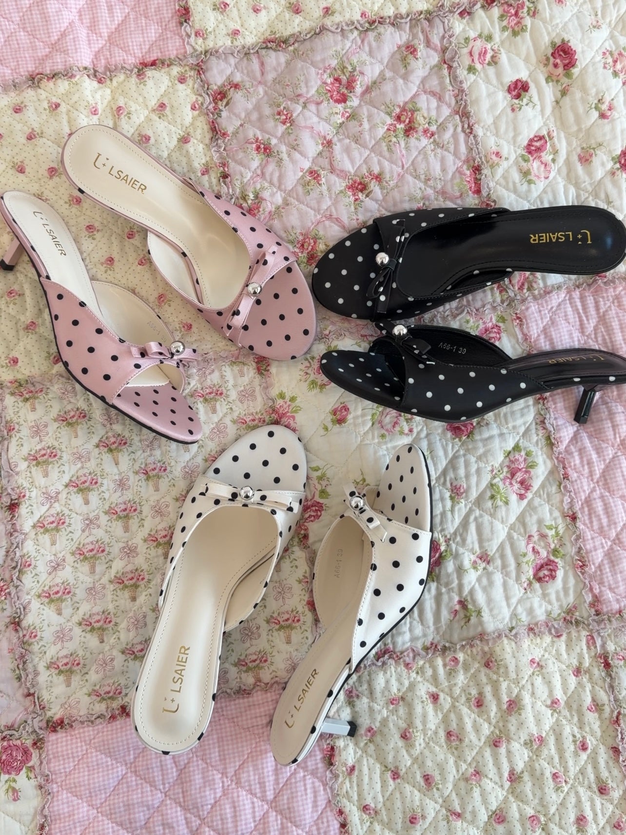Girly Bow Polk Dot Kitten Heel Sandals Slip On Slides Mule Sandal Open Toe Dress Shoes