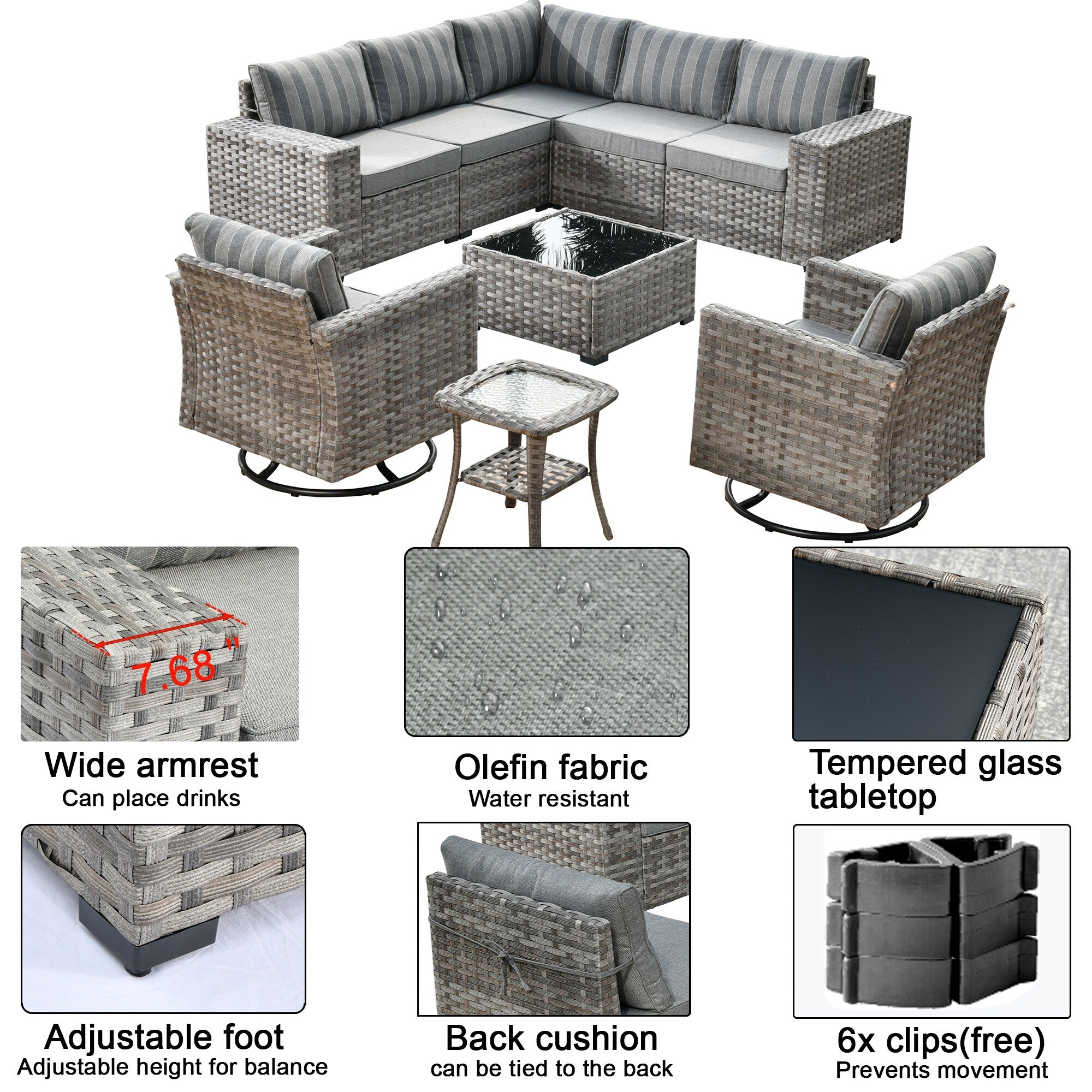OVIOS 9-piece Patio Wicker Swivel Rocking Chair Set with Glass-Top Tables