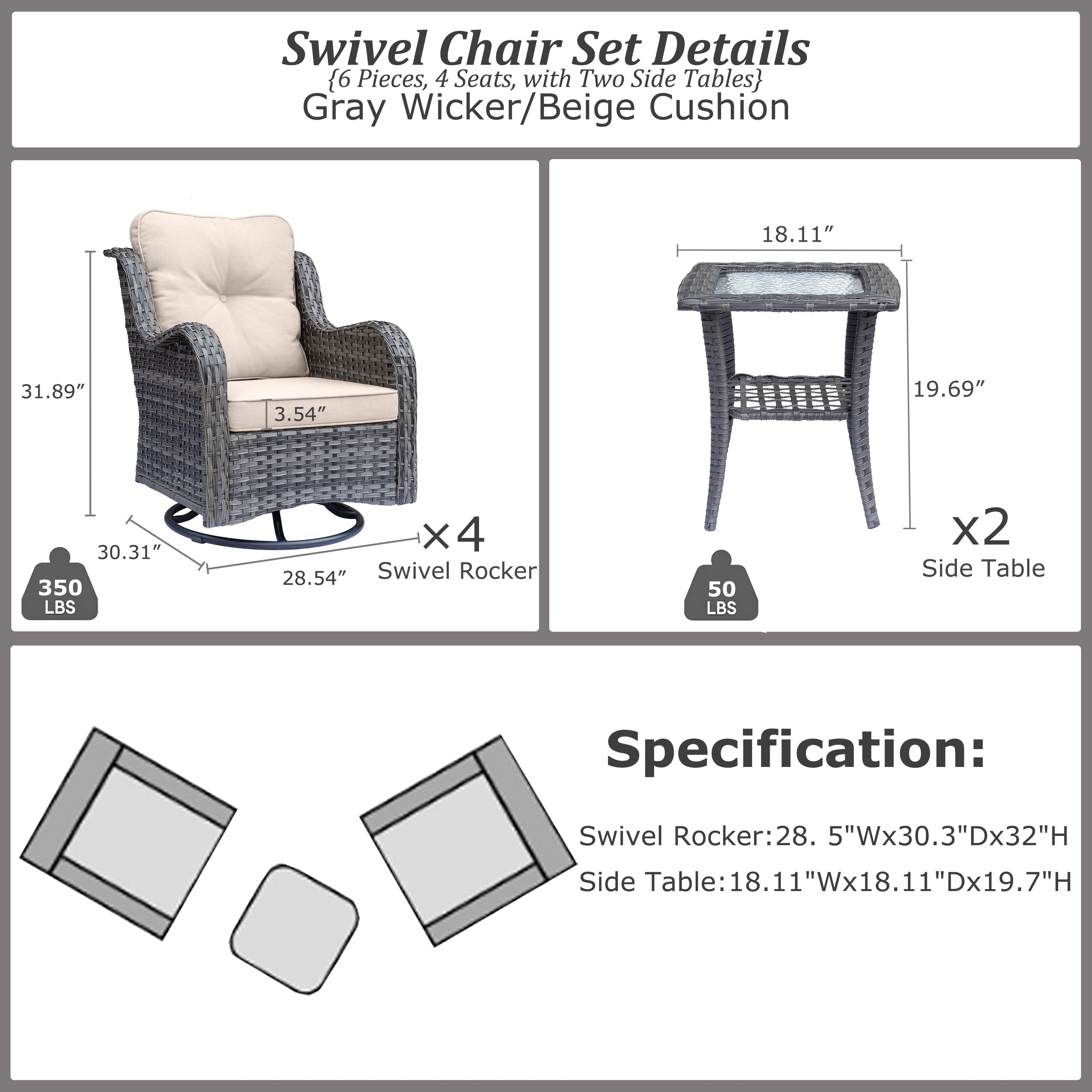 Outdoor Patio Furniture Set-Wicker Patio Conversation Swivel Chair Set