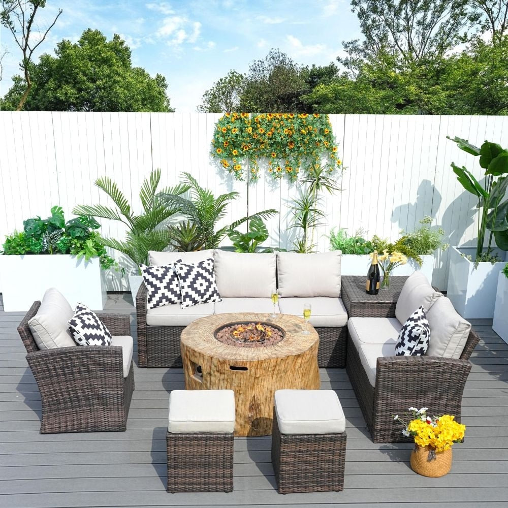 7-piece Patio Wicker Garden Chat Sofa Set with Fire Pit Table and Storage Box