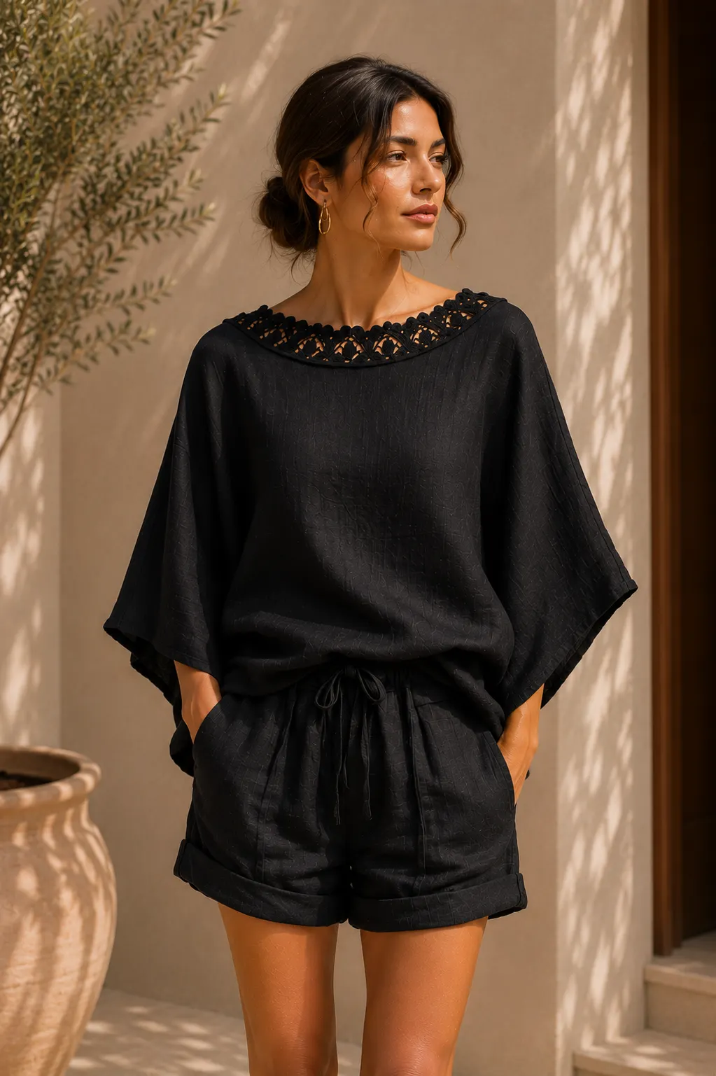 Lace Trim Batwing Top & Drawstring Shorts Set