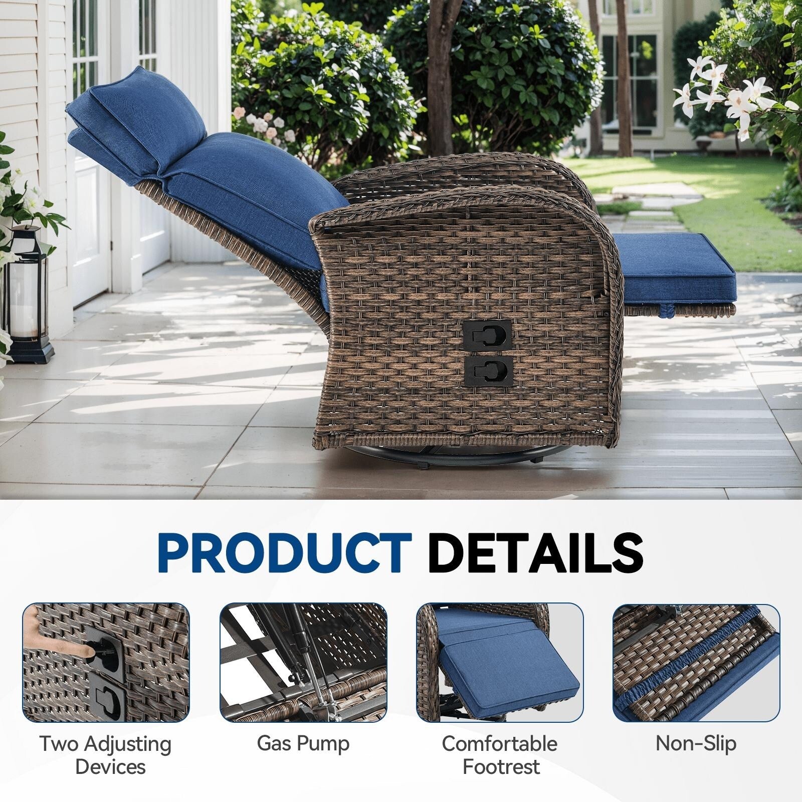 Pocassy Reclining Patio Chair with Adjustable Backrest