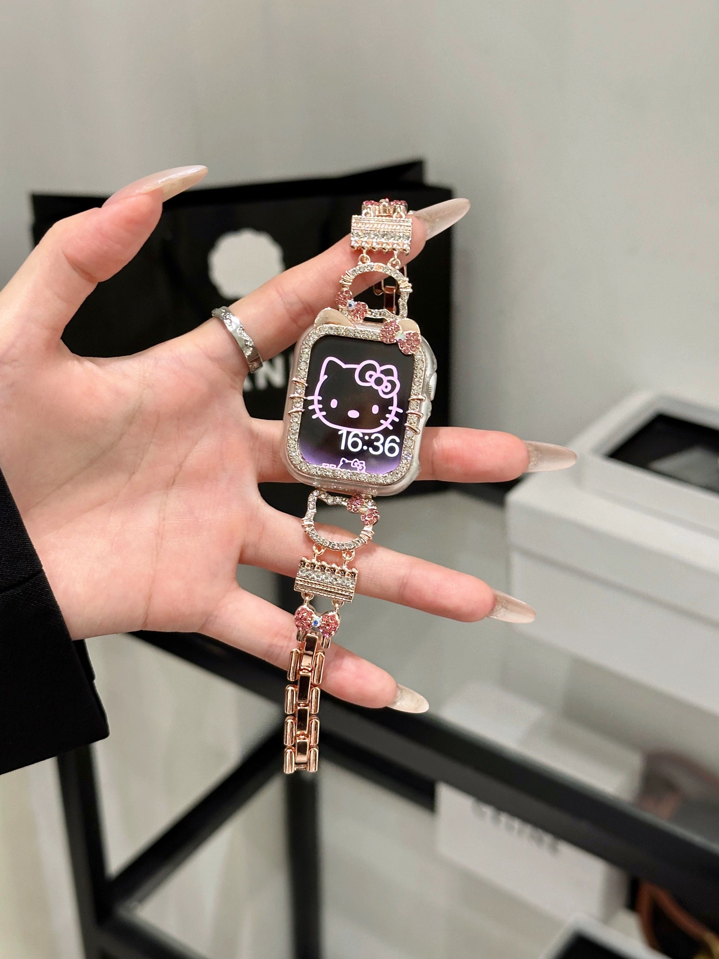 Hellokitty Apple Watch Band Bling Diamond Strap Bands with Screen Protector Case
